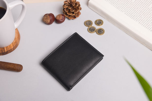 Personalised Engraved Black & Grey Bifold Leather Wallet With Zip Coin Pocket