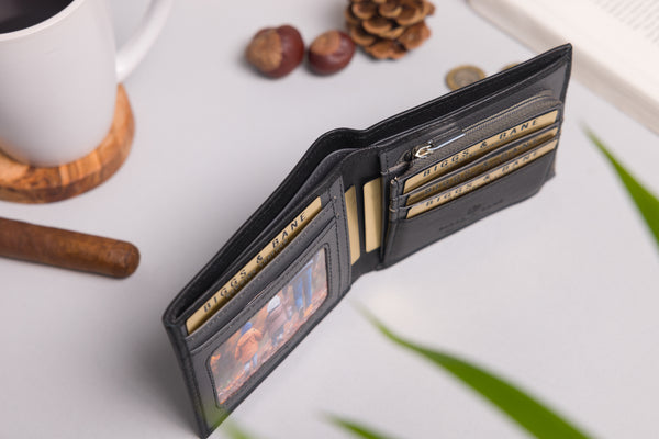 Personalised Engraved Black & Grey Bifold Leather Wallet With Zip Coin Pocket
