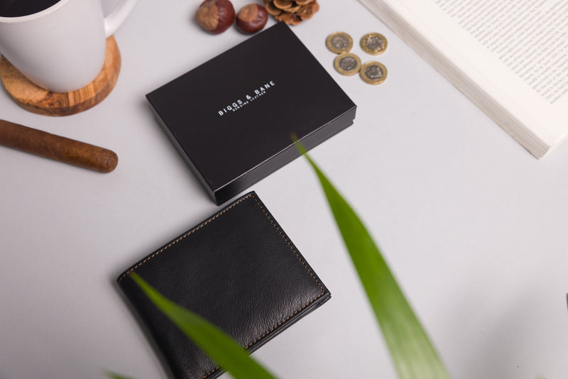 Personalised Engraved Black & Tan Bifold Leather Wallet With Zip Coin Pocket