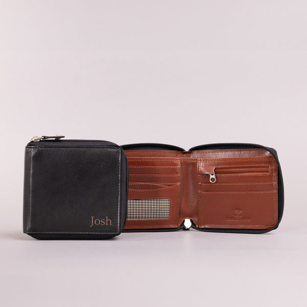 Personalised Engraved Black & Brown Bifold Zip Around Leather Wallet