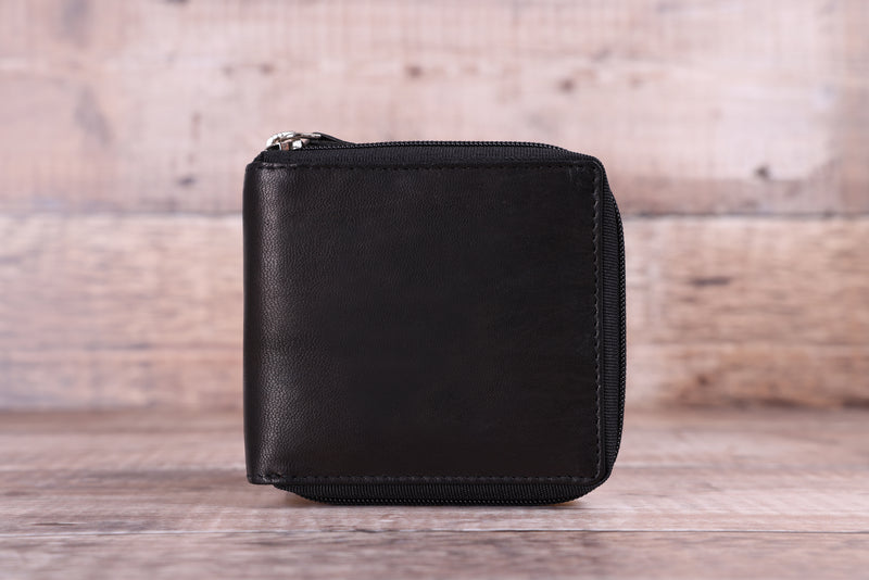 Personalised Engraved Black & Brown Bifold Zip Around Leather Wallet
