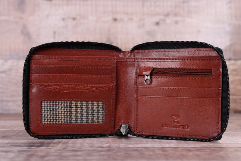 Personalised Engraved Black & Brown Bifold Zip Around Leather Wallet