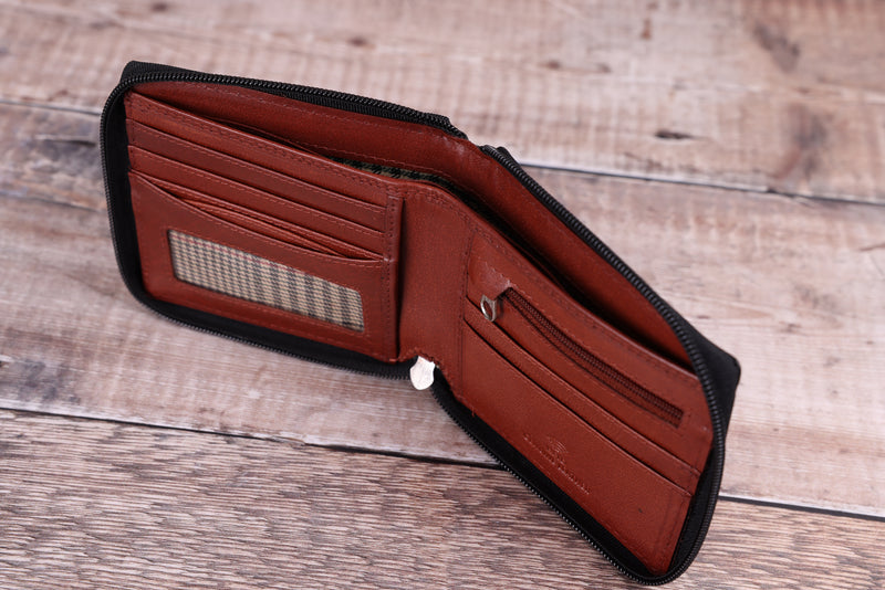 Personalised Engraved Black & Brown Bifold Zip Around Leather Wallet