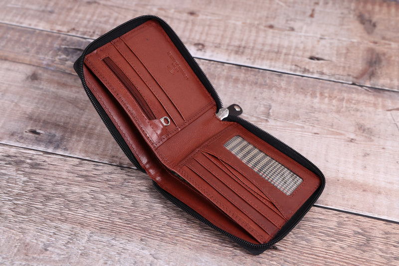 Personalised Engraved Black & Brown Bifold Zip Around Leather Wallet