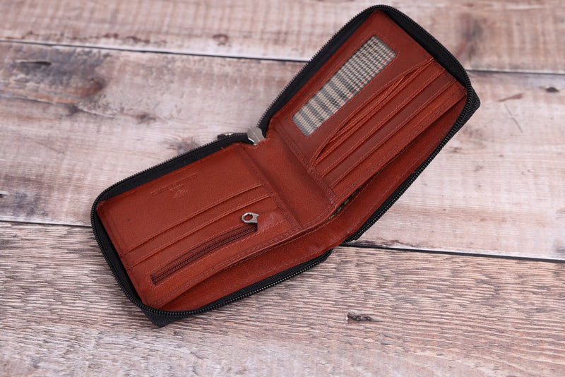 Personalised Engraved Black & Brown Bifold Zip Around Leather Wallet