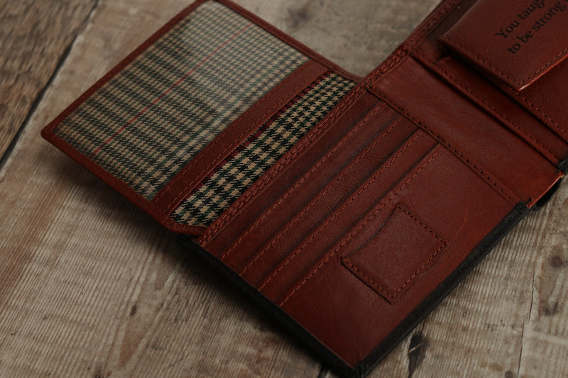 Personalised Engraved Black & Brown Bifold Leather Wallet With Coin Pocket