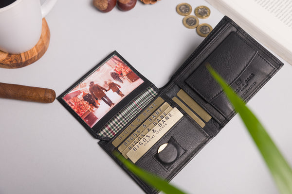Personalised Engraved Black Bifold Leather Wallet with Coin Pocket
