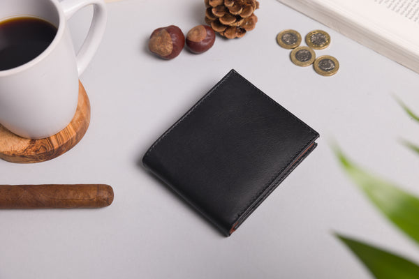 Personalised Engraved Black & Brown Bifold Leather Wallet With Coin Pocket