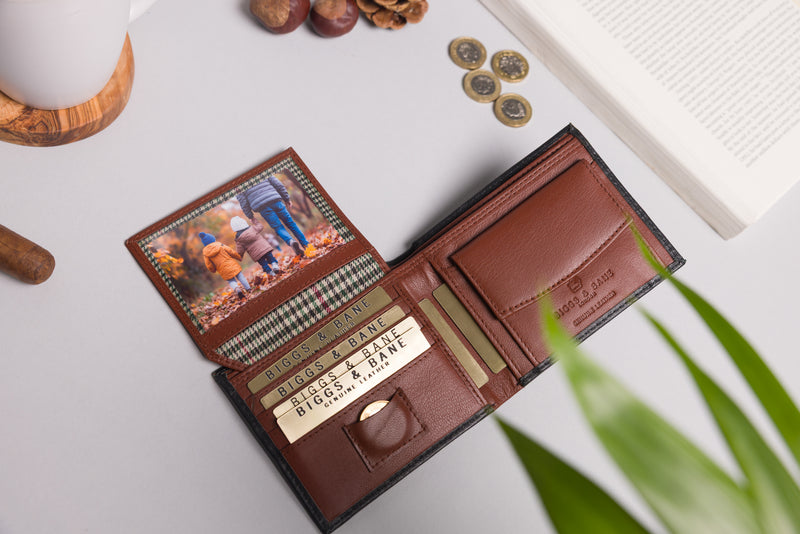 Personalised Engraved Black & Brown Bifold Leather Wallet With Coin Pocket