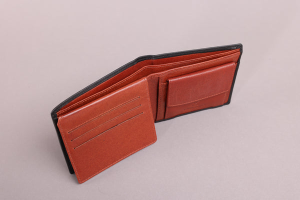 Personalised Engraved Black & Brown Bifold Leather Wallet With Coin Pocket