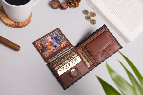 Personalised Engraved Black & Brown Bifold Leather Wallet With Coin Pocket