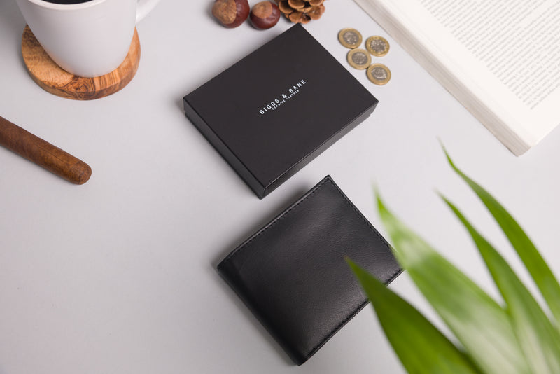 Personalised Engraved Black & Brown Bifold Leather Wallet With Coin Pocket