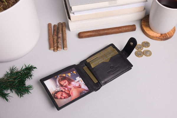 Personalised Engraved Black Bifold Leather Wallet With Big Zip Coin Pocket