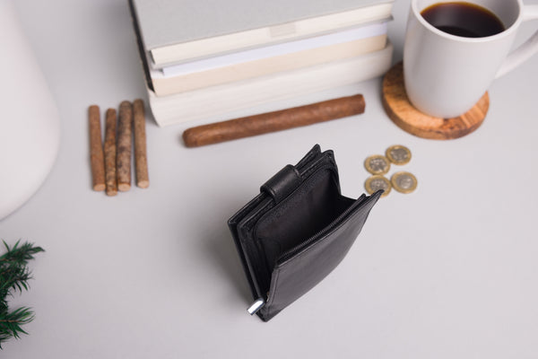 Personalised Engraved Black Bifold Leather Wallet With Big Zip Coin Pocket