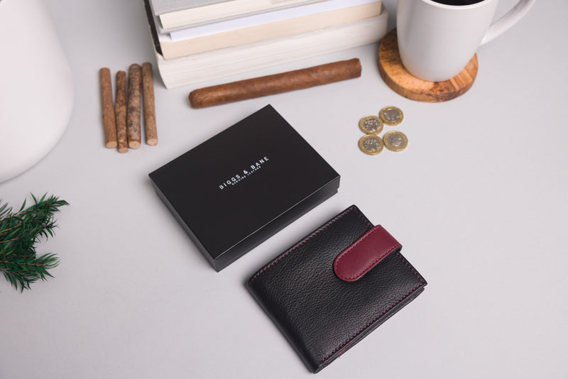 Personalised Engraved Black & Burgundy Bifold Leather Wallet With Big Zip Coin Pocket