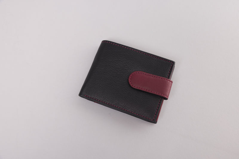 Personalised Engraved Black & Burgundy Bifold Leather Wallet With Big Zip Coin Pocket