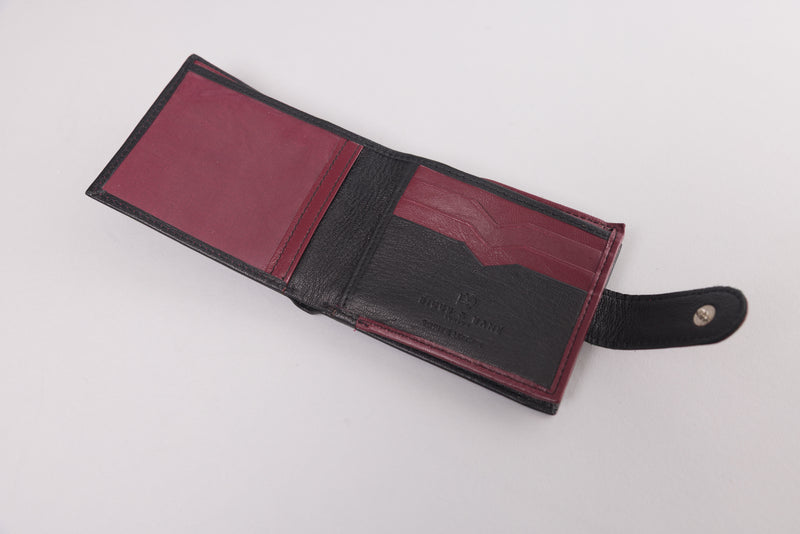Personalised Engraved Black & Burgundy Bifold Leather Wallet With Big Zip Coin Pocket