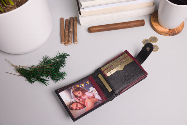 Personalised Engraved Black & Burgundy Bifold Leather Wallet With Big Zip Coin Pocket
