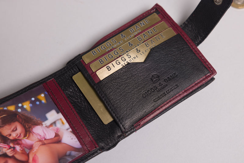 Personalised Engraved Black & Burgundy Bifold Leather Wallet With Big Zip Coin Pocket