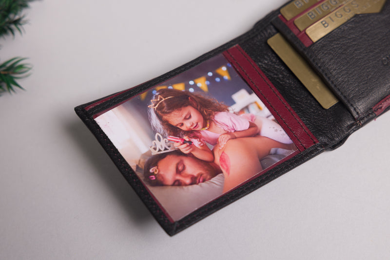 Personalised Engraved Black & Burgundy Bifold Leather Wallet With Big Zip Coin Pocket