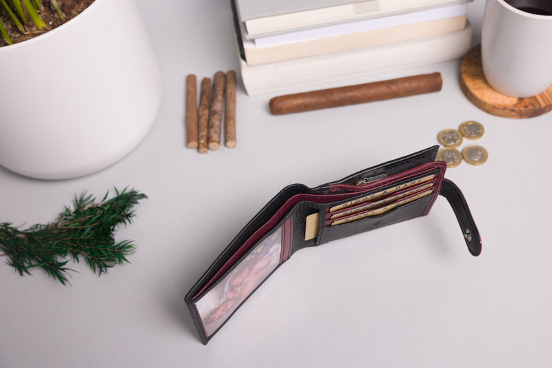 Personalised Engraved Black & Burgundy Bifold Leather Wallet With Big Zip Coin Pocket