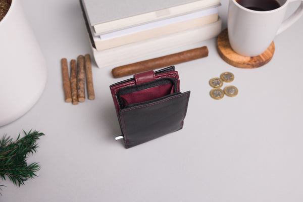 Personalised Engraved Black & Burgundy Bifold Leather Wallet With Big Zip Coin Pocket