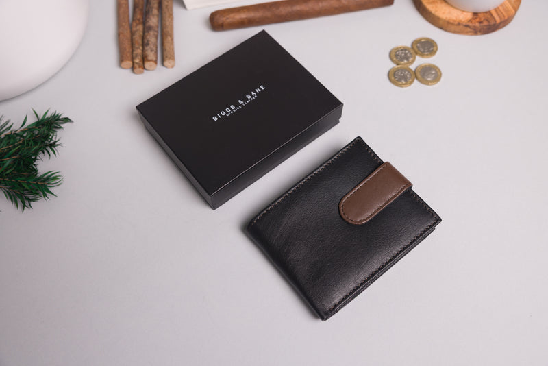 Personalised Engraved Black & Dark Brown Bifold Leather Wallet With Big Zip Coin Pocket