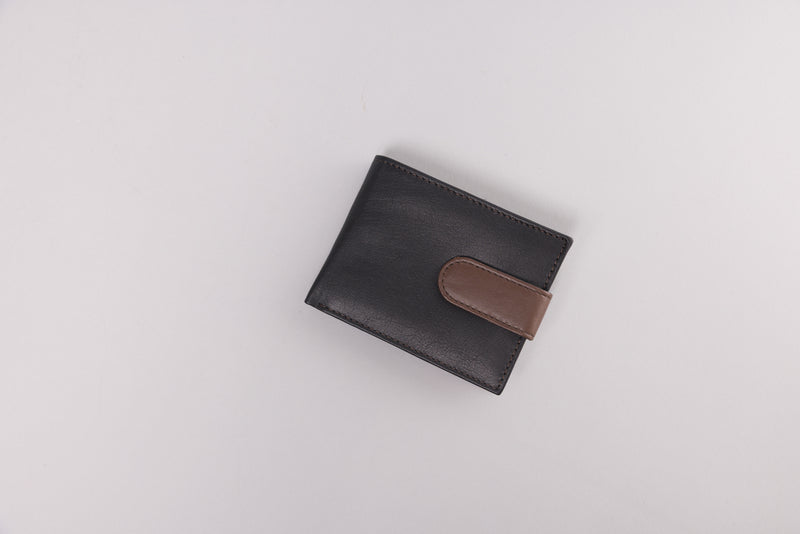Personalised Engraved Black & Dark Brown Bifold Leather Wallet With Big Zip Coin Pocket