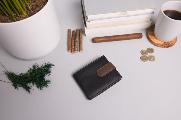 Personalised Engraved Black & Dark Brown Bifold Leather Wallet With Big Zip Coin Pocket