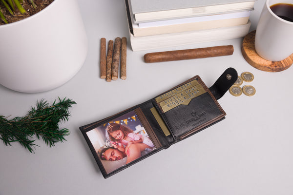 "Engraved two-tone wallet with secure coin storage"
