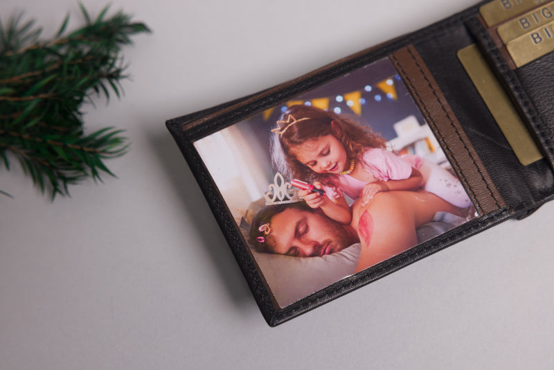 Personalised Engraved Black & Dark Brown Bifold Leather Wallet With Big Zip Coin Pocket
