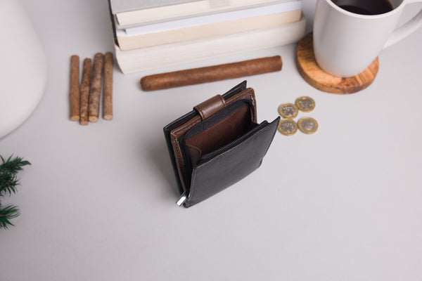 Personalised Engraved Black & Dark Brown Bifold Leather Wallet With Big Zip Coin Pocket