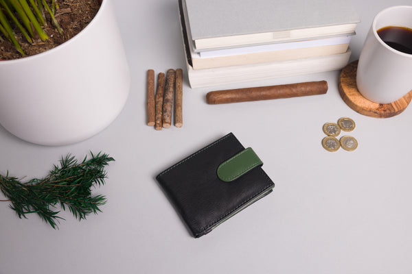 Personalised Engraved Black & Green Bifold Leather Wallet With Big Zip Coin Pocket