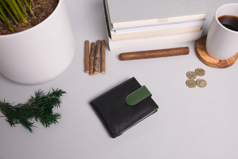 Personalised Engraved Black & Green Bifold Leather Wallet With Big Zip Coin Pocket