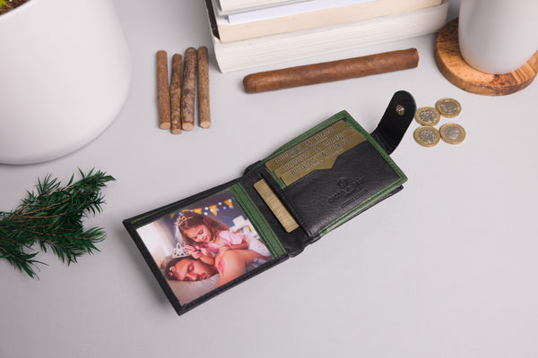 Personalised Engraved Black & Green Bifold Leather Wallet With Big Zip Coin Pocket