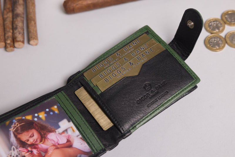 Personalised Engraved Black & Green Bifold Leather Wallet With Big Zip Coin Pocket