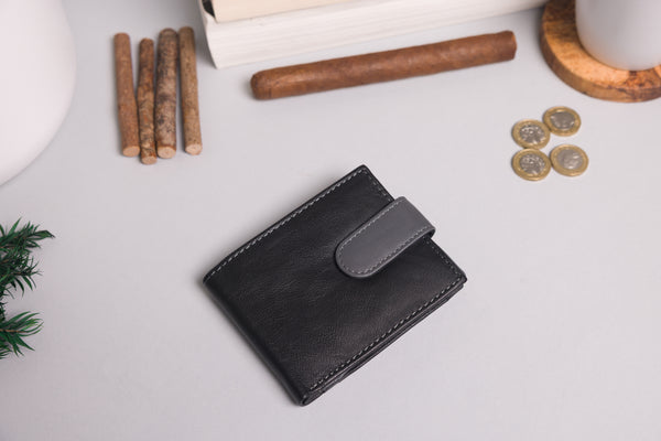 Personalised Engraved Black & Grey Bifold Leather Wallet With Big Zip Coin Pocket