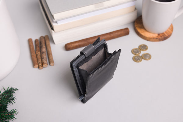 Personalised Engraved Black & Grey Bifold Leather Wallet With Big Zip Coin Pocket