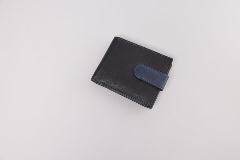 Personalised Engraved Black & Navy Bifold Leather Wallet With Big Zip Coin Pocket
