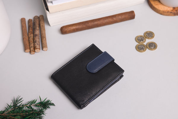 Personalised Engraved Black & Navy Bifold Leather Wallet With Big Zip Coin Pocket