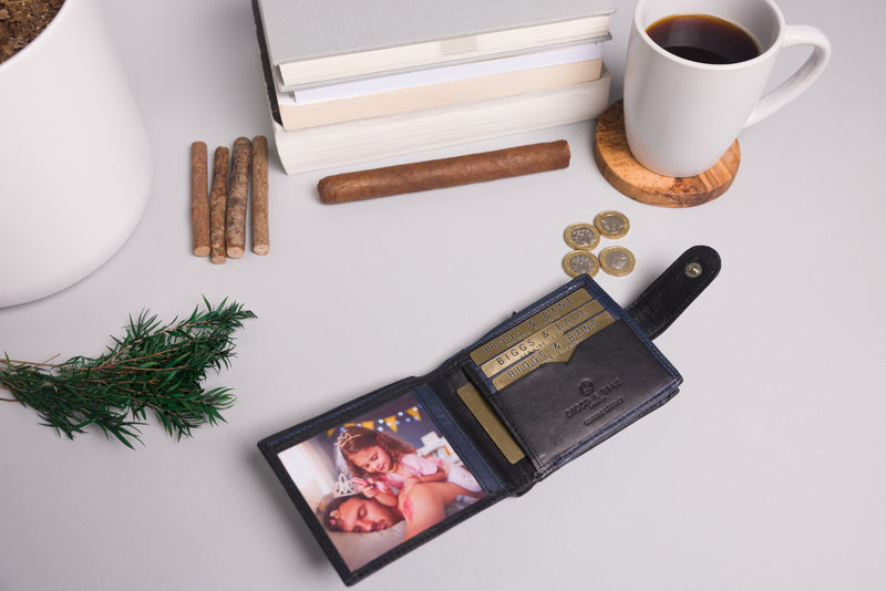 Personalised Engraved Black & Navy Bifold Leather Wallet With Big Zip Coin Pocket