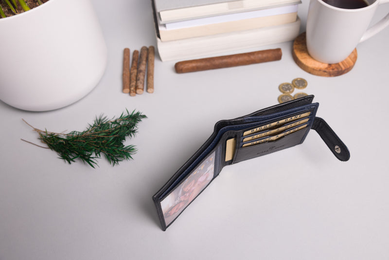 Personalised Engraved Black & Navy Bifold Leather Wallet With Big Zip Coin Pocket