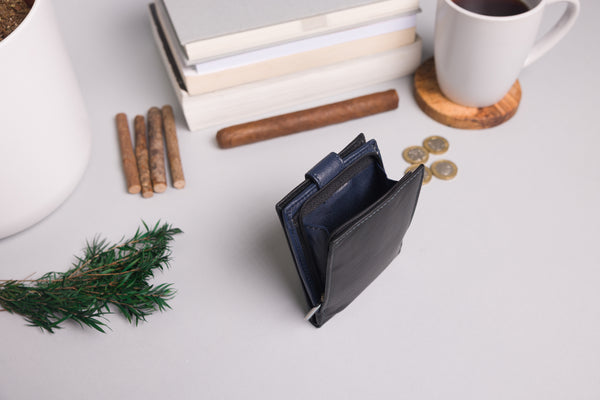 Personalised Engraved Black & Navy Bifold Leather Wallet With Big Zip Coin Pocket