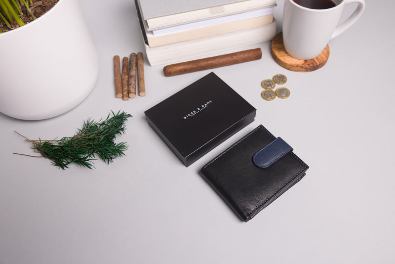 Personalised Engraved Black & Navy Bifold Leather Wallet With Big Zip Coin Pocket