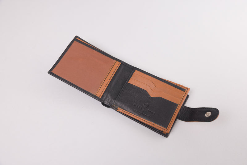Personalised Engraved Black & Tan Bifold Leather Wallet With Big Zip Coin Pocket