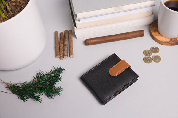 Personalised Engraved Black & Tan Bifold Leather Wallet With Big Zip Coin Pocket