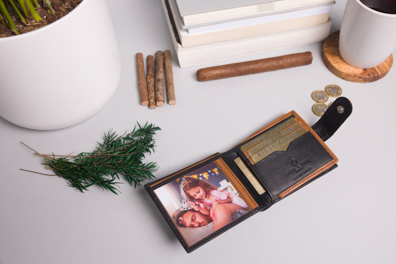 Personalised Engraved Black & Tan Bifold Leather Wallet With Big Zip Coin Pocket