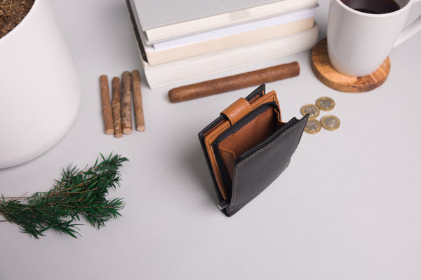Personalised Engraved Black & Tan Bifold Leather Wallet With Big Zip Coin Pocket
