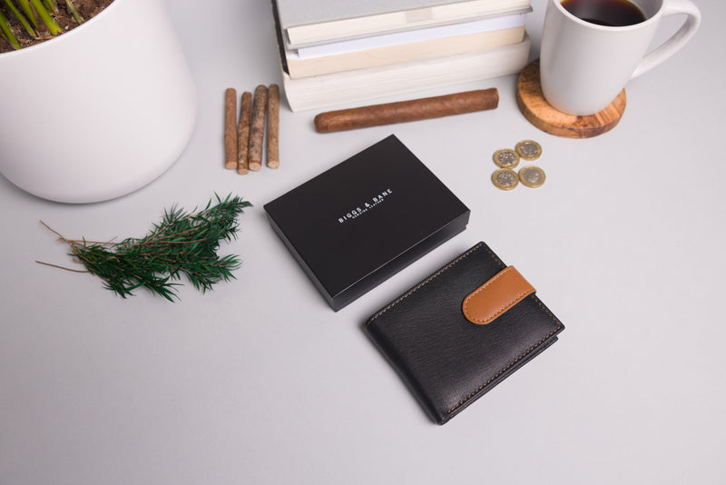 Personalised Engraved Black & Tan Bifold Leather Wallet With Big Zip Coin Pocket