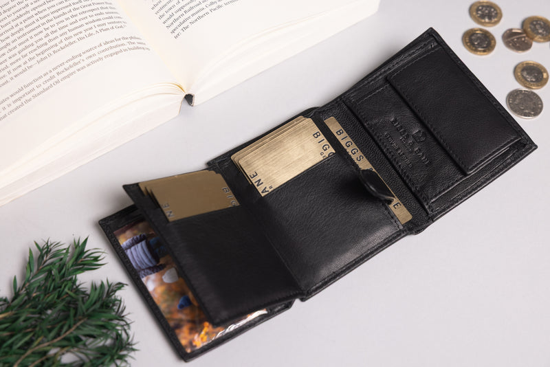 Personalised Engraved Black Trifold Leather Wallet